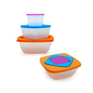Capacity: 230ml purple + 560ml blue + 1200ml orange. Secure yet easy to open. Large logo printing area. Store food to be taken anywhere. Microwavable.