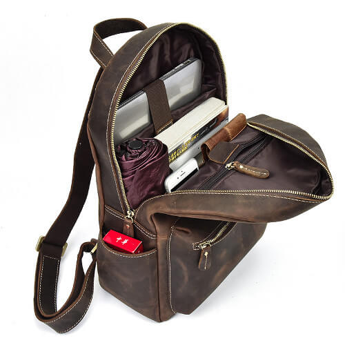 Custom 100 genuine leather haversack backpack with company logo printing singapore supplier interior view